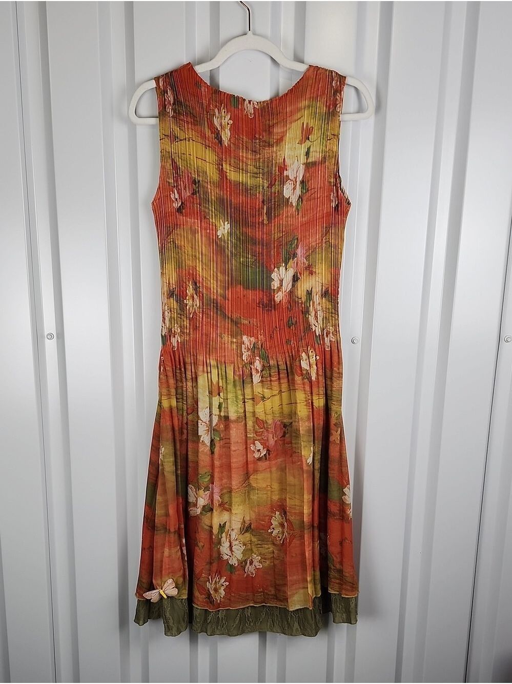 Caeliann Floral Pleated Dress Sleeveless Plisse Green Orange Sz Lg Forest Fairy - Picture 3 of 9